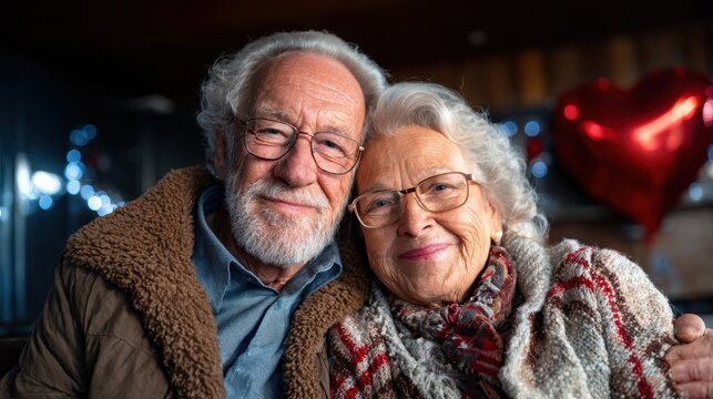 A touching photo of an elderly couple cuddling closely, sharing smiles and warmth while holding a red heart balloon, symbolizing enduring love and companionship throughout the years.