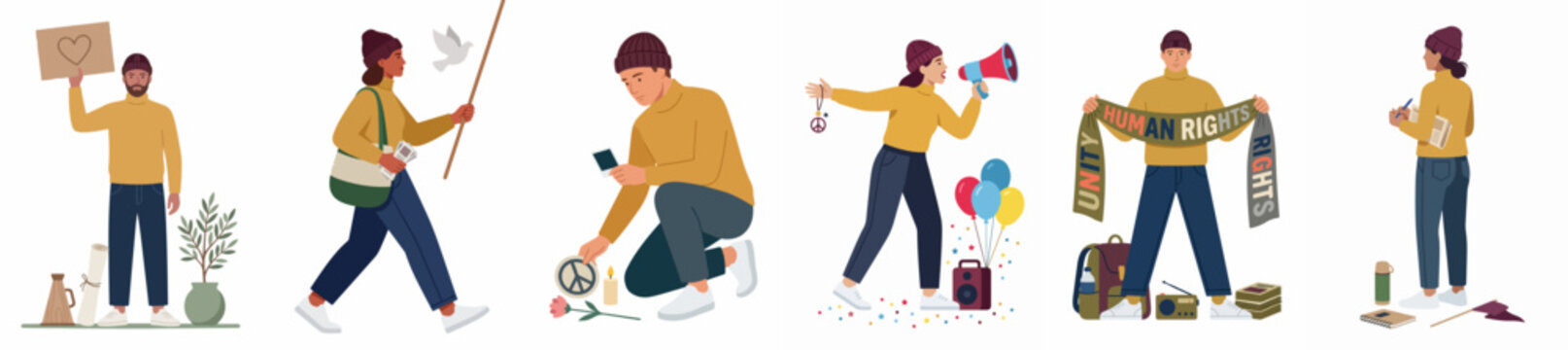 Diverse people participating in peaceful protests for human rights, environmental protection, and social justice, flat vector illustration set.