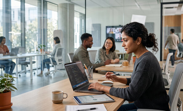 Modern Professional Working with Laptop and Tablet in Hybrid Office