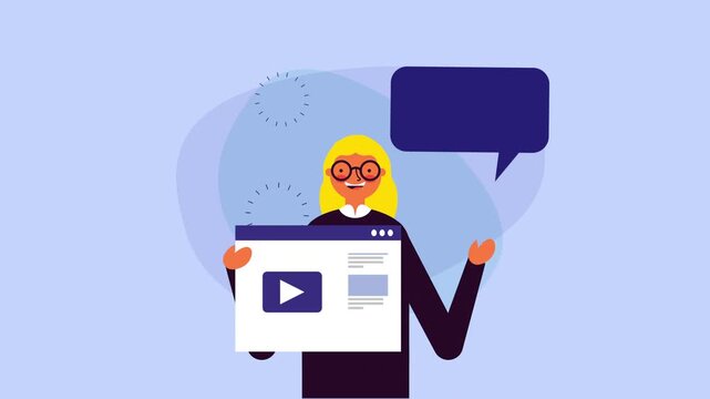 Woman with blonde hair wearing glasses holding digital webpage showing video player icon and speech bubble.