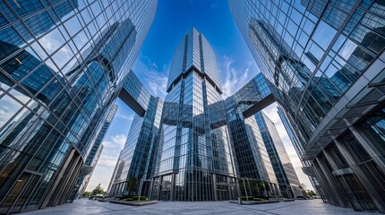 Futuristic glass office buildings connected by sky bridges under a clear blue sky © Sarkar