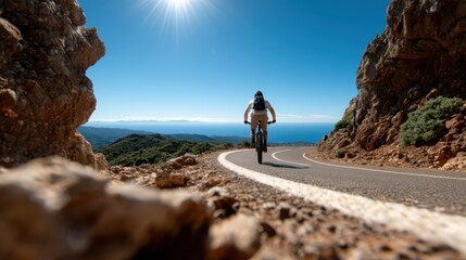 Fototapeta premium A cyclist traverses a winding coastal road, showcasing the stunning landscape and bright sunlight, representing freedom, adventure, and the spirit of exploration.