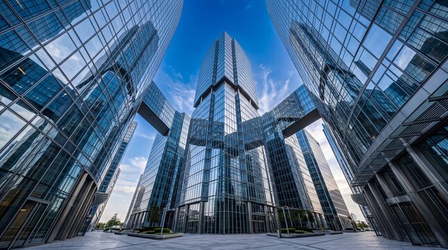 Futuristic glass office buildings connected by sky bridges under a clear blue sky