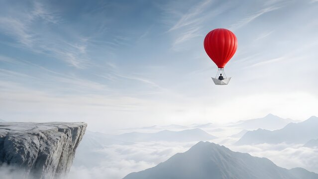 Businessman flying in origami paper boat with red hot air balloon over mountain peaks representing creative leadership