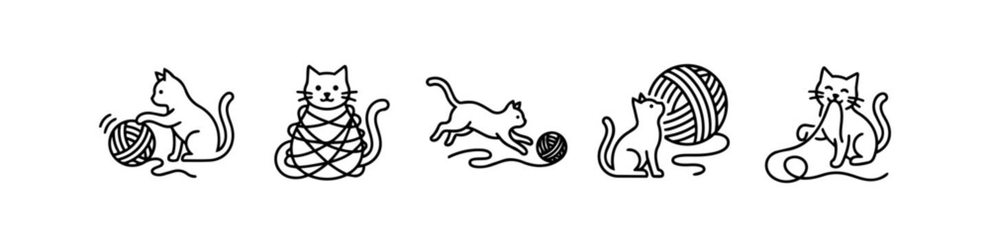 Set of minimalist black line art illustrations featuring playful cats interacting with balls of yarn. Modern vector style icons of feline pets playing, tangling, and pouncing.