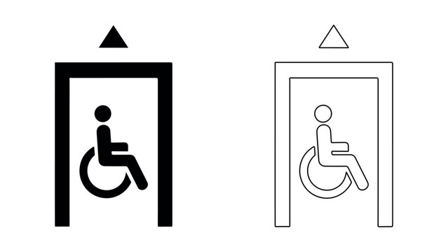 Disabled elevator signs with wheelchair icon and arrow indicators in black and outline.
