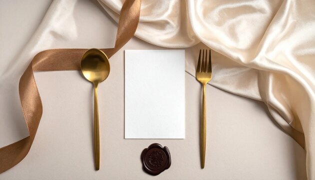 Blank card mockup with golden cutlery, silk ribbon, wax seal for wedding stationery, romantic dinner invitation, elegant event table setting
