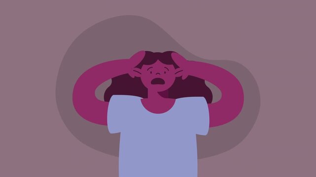 Animation showing woman suffering from panic attack and mental distress with hands on head in purple background.