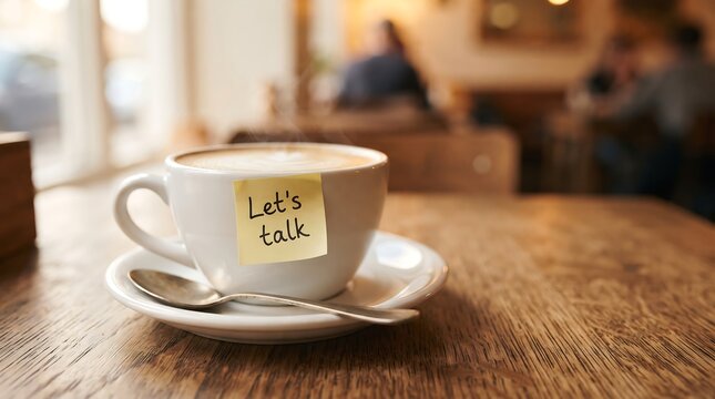 Hot cup of cappuccino coffee with latte art on a wooden table featuring a sticky note saying lets talk cappuccino restaurant beverage breakfast communication