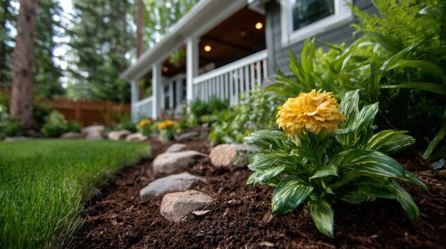 A vibrant yellow flower blooms in a well-kept garden, showcasing its beauty amidst the rich green foliage and stones, inviting a sense of peace and natural wonder.