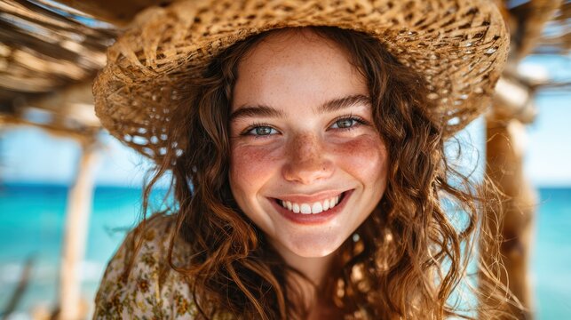 A joyful young woman wearing a sun hat and beaming smile, set against a backdrop of a stunning beach, capturing the essence of summer bliss and carefree enjoyment.