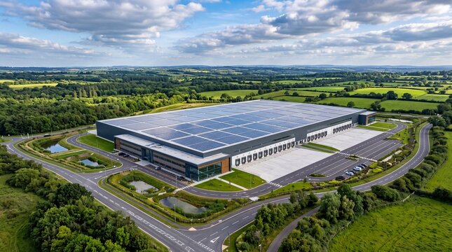 Large modern warehouse with rooftop solar panels and surrounding greenery under a cloudy sky