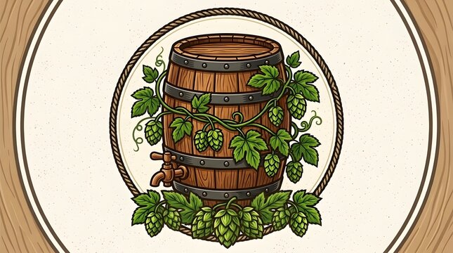 Vintage wooden beer barrel surrounded by fresh green hop vines inside a round frame with brewery sign beer emblem alcohol storage cask illustration fresh hops