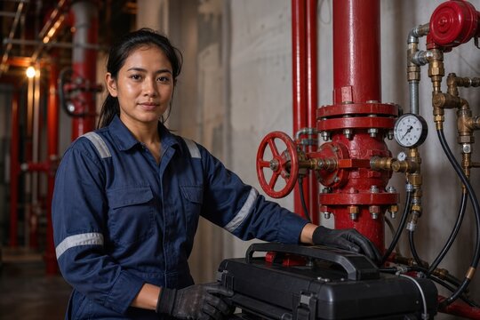 Backflow Prevention Testing A Southeast Asian Female Fire-protection Technician Adult With An Athletic Build Standing Beside A Clearly Visible Preventer And Riser