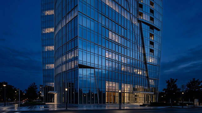 Contemporary urban architecture featuring a towering glass skyscraper with reflective blue facades during the blue hour twilight