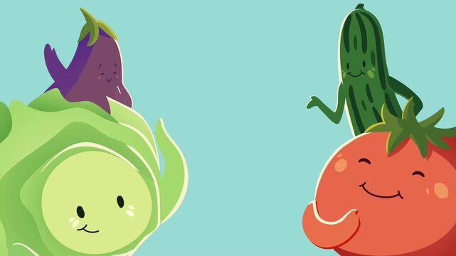 Animated group of fresh vegetables with cute faces moving and smiling, healthy food concept in dynamic motion.