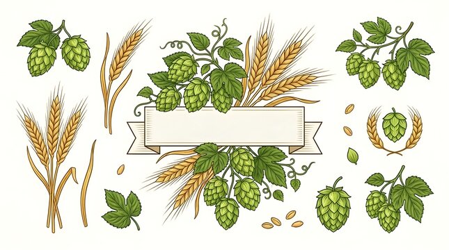 Hand drawn vintage design elements with green hop cones wheat ears and empty ribbon banner beer elements brewery graphics agriculture harvest botanical set