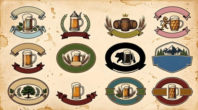 Vintage beer labels and emblems collection with mugs and banners on aged paper vintage badges pub signage brewery logo alcohol branding banner design