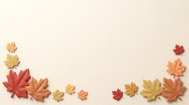 Canadian Thanksgiving bottom border composed of colorful autumn maple leaves on light beige background surface