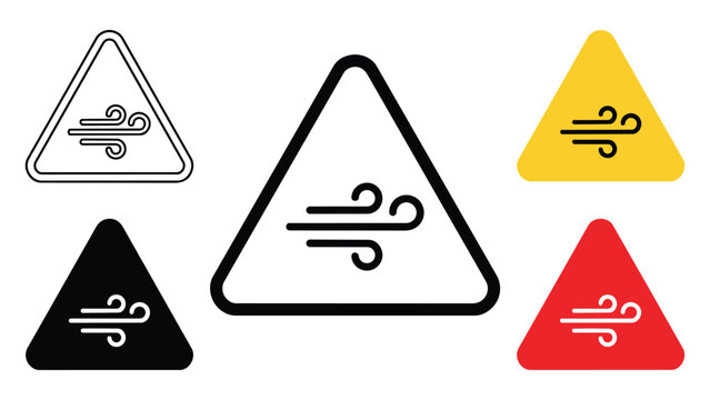 Strong wind weather warning triangle sign vector icons in various styles with triangle meteorology disaster attention indicator collection