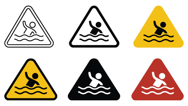 Deep water hazard swimming warning sign vector icons set in different styles with swimming triangle drowning attention indicator collection