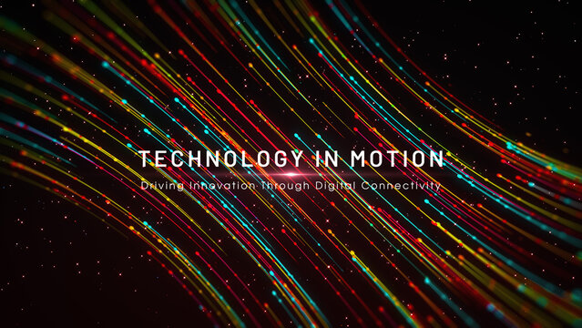Futuristic red, yellow, and blue curved light trails create a dynamic space-inspired background featuring TECHNOLOGY IN MOTION and Driving Innovation Through Digital Connectivity text.