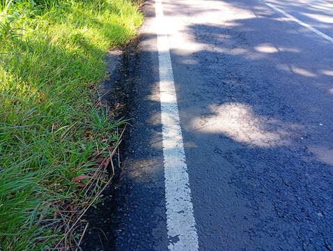 Asphalt road edge with white painted line marking and green grassy verge street side roadside grass road infrastructu