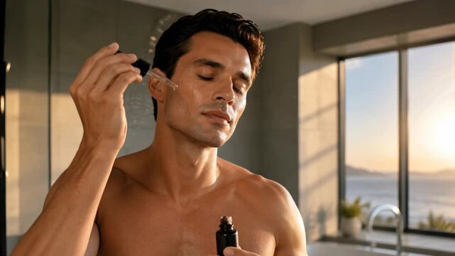Young man applying facial serum with dropper at home, antiaging skincare and beauty advertising