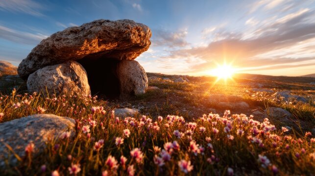 A stunning dolmen nestled in a vibrant field of flowers under a breathtaking sunset, highlighting the harmony of nature and history in a perfect serene landscape.