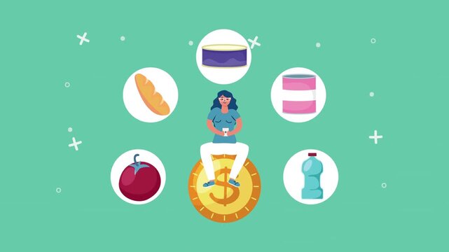Woman sits on coin using smartphone surrounded by shopping items, online grocery delivery concept motion.