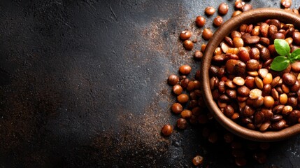 Obraz premium A rustic bowl filled with rich cocoa beans, accented by a fresh green leaf, highlighting the natural beauty and organic essence of chocolate production.