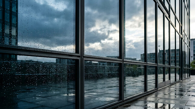 Modern architectural glass wall with water droplets under a dark cloudy sky reflecting urban scenery