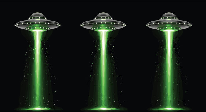 UFO flying saucer abduction beam green light alien spaceship sci fi futuristic glowing levitation effect vector illustration set