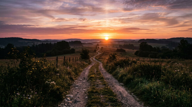 Scenic dirt road winding through rolling hills at sunrise with dramatic sky