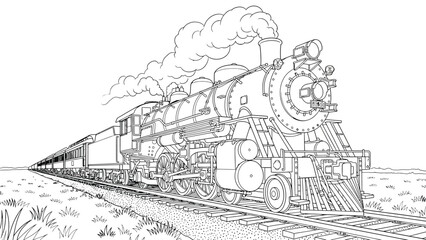 Vintage steam locomotive engine pulling passenger train carriages across open countryside field landscape line art illustration for coloring book activity. © hossain