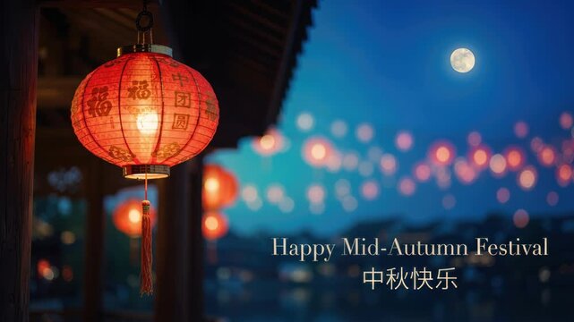 Chinese red lantern under harvest moon with bilingual mid autumn greeting, lunar festival banner, city night celebration