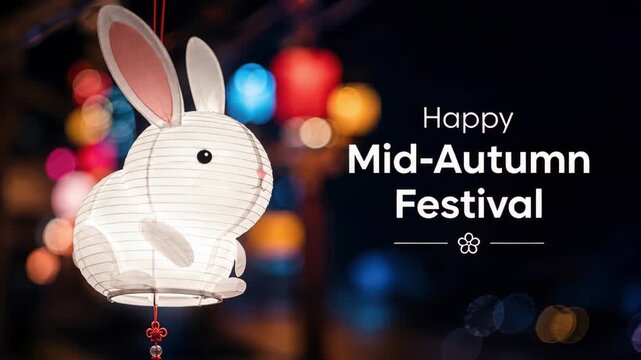 Glowing rabbit lantern for mid-autumn festival celebration, night market bokeh lights, asian harvest holiday greeting, lunar tradition, mooncake season, family reunion, festive paper decor