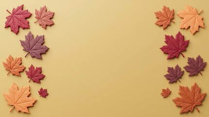 Fototapeta premium Warm yellow background framed on left and right sides with autumn maple leaves for Canadian Thanksgiving