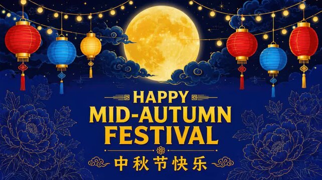 Golden full moon with colorful lanterns above happy mid autumn festival text, lunar holiday greeting, chinese celebration banner