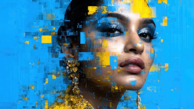 An artistic digital portrait showcases a model's face enhanced with a vibrant pixelation effect, merging technology and art to create a striking visual statement on modern identity.