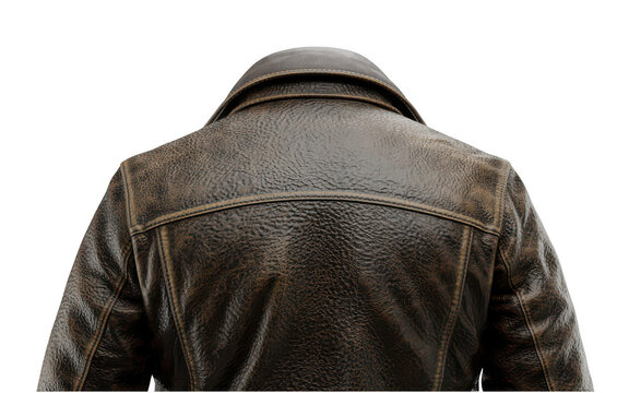 Close-up rear view of a worn leather jacket with visible stitching and texture details