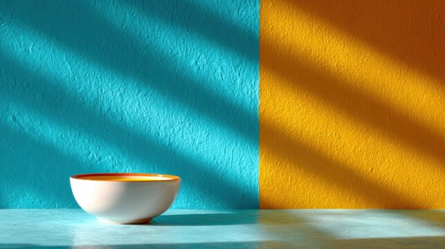 A minimalist bowl rests against a dynamic blue and orange wall, casting intriguing shadows and invoking a sense of balance and artistic flair in this simple composition.