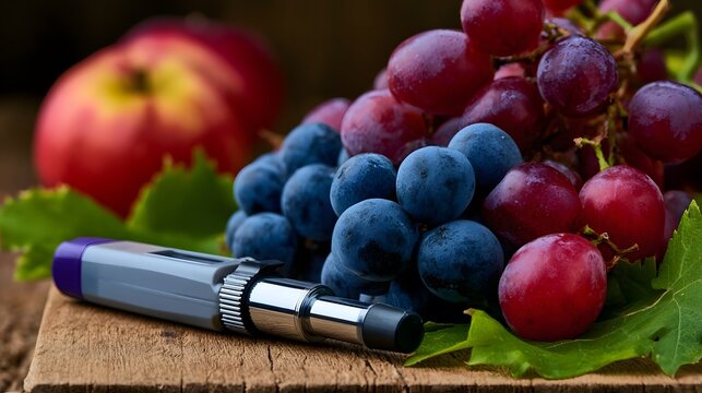 A refractometer rests beside clusters of red and blue grapes and a red on a wooden surface