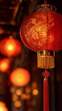 Moody aesthetic close-up of glowing red Chinese paper lantern with floral gold pattern for Mid-Autumn Festival night background