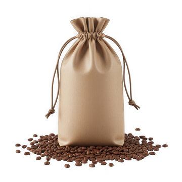Brown fabric coffee bean bag with spilled beans