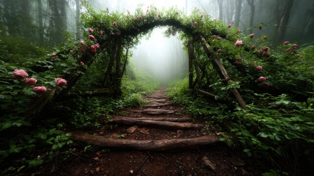 This enchanting forest path, adorned with a floral arch, invites viewers into a mystical realm enveloped in soft mist, creating an atmosphere of tranquility and wonder.