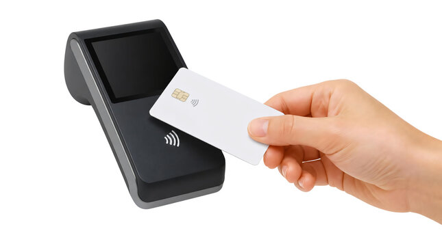 A hand tapping credit card on modern payment terminal isolated on transparent background