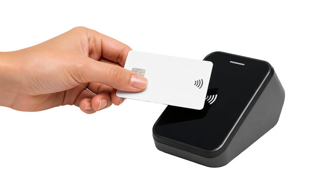 A hand tapping credit card on modern payment terminal isolated on transparent background