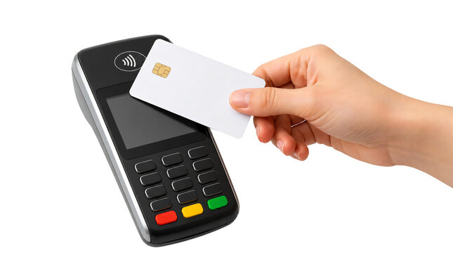 A hand tapping credit card on modern payment terminal isolated on transparent background