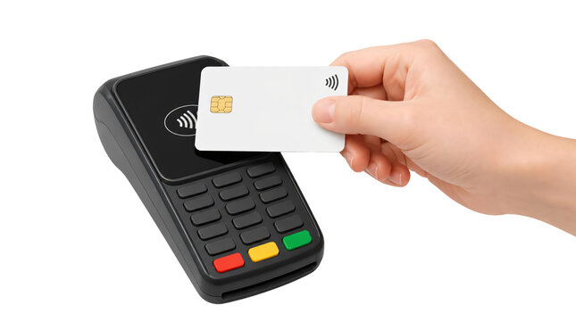A hand tapping credit card on modern payment terminal isolated on transparent background